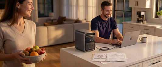 Couple using Anker SOLIX S2000 portable power station in kitchen during power outage