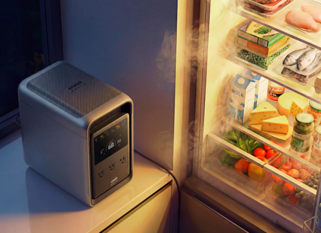Portable power station by refrigerator