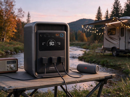 Portable power station at a summer campsite