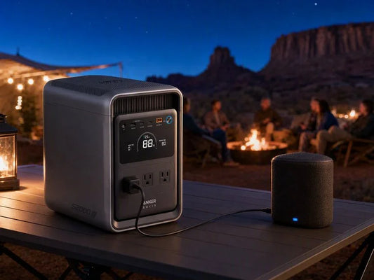 Portable power station and speaker at night