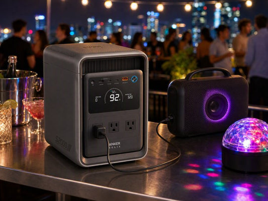 Portable power station and speaker at an outdoor music event