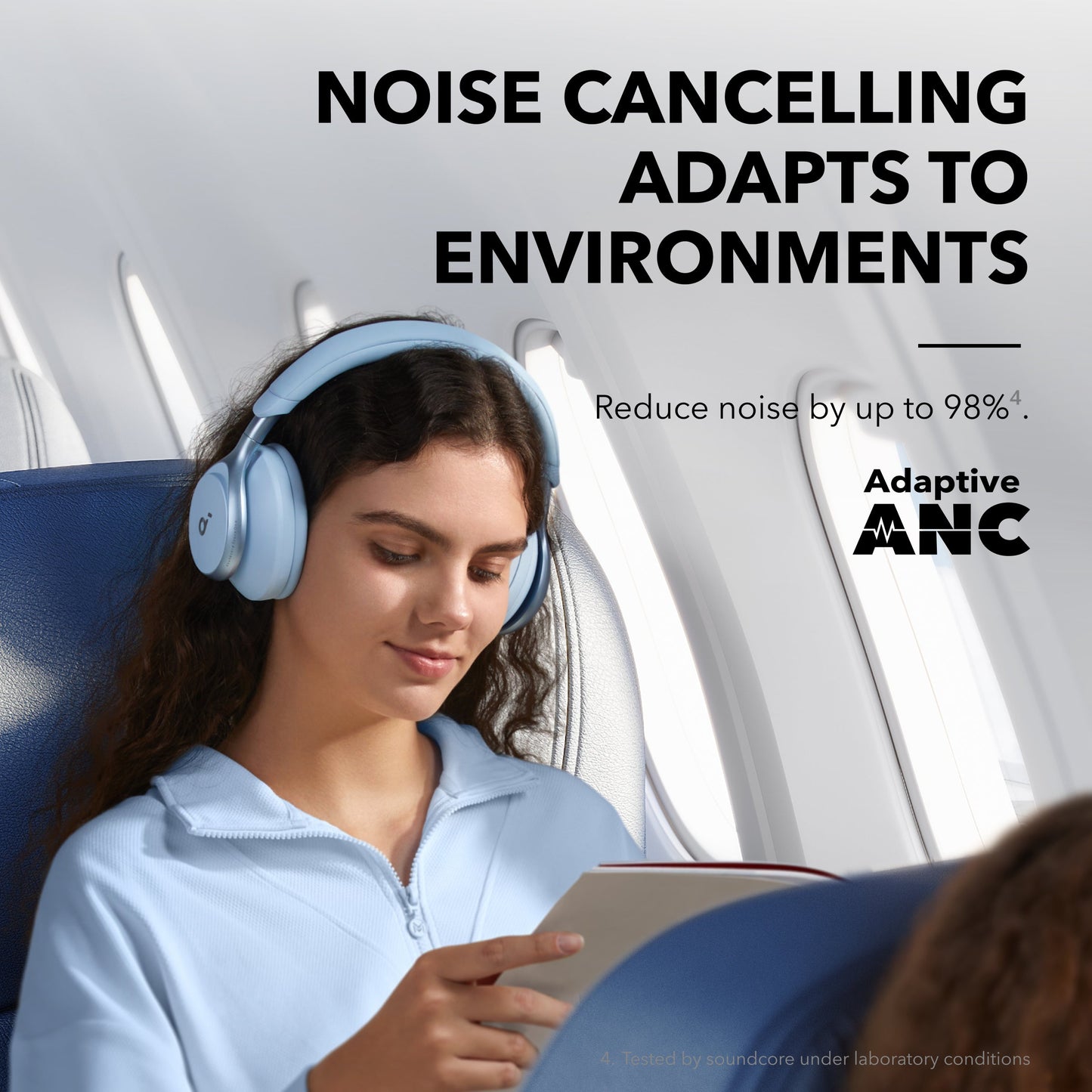 soundcore top over-ear headphones with adaptive ANC on airplane
