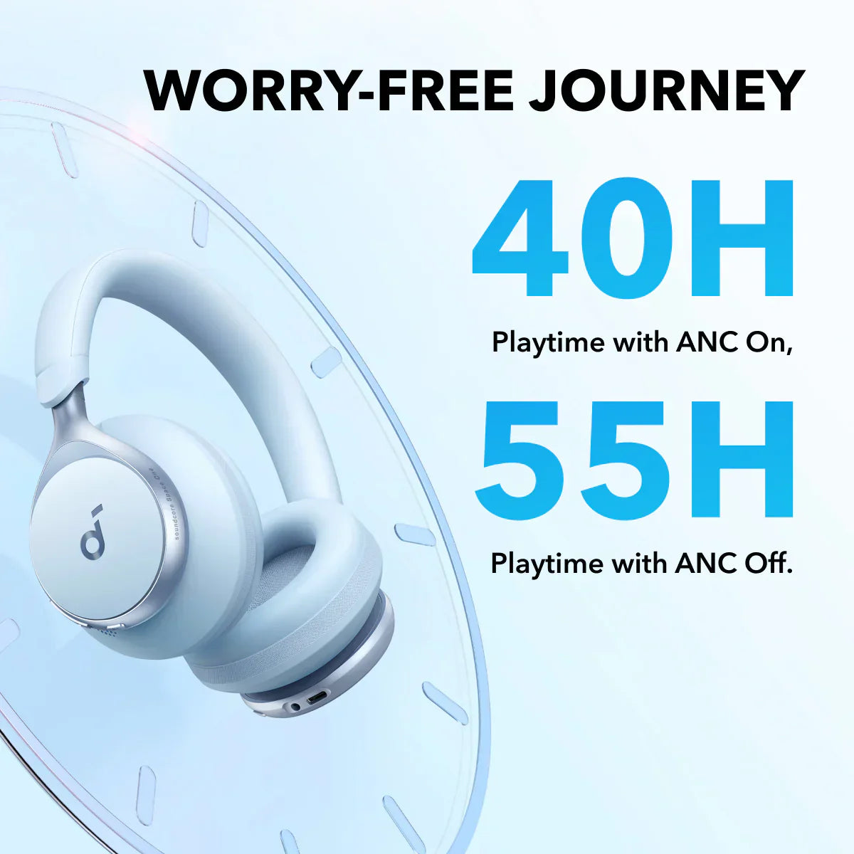 soundcore over-ear headphones with 40H ANC on and 55H playtime