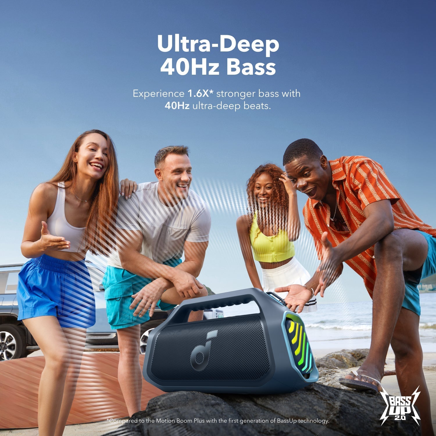 soundcore outdoor speaker with ultra-deep 40Hz bass for beach party