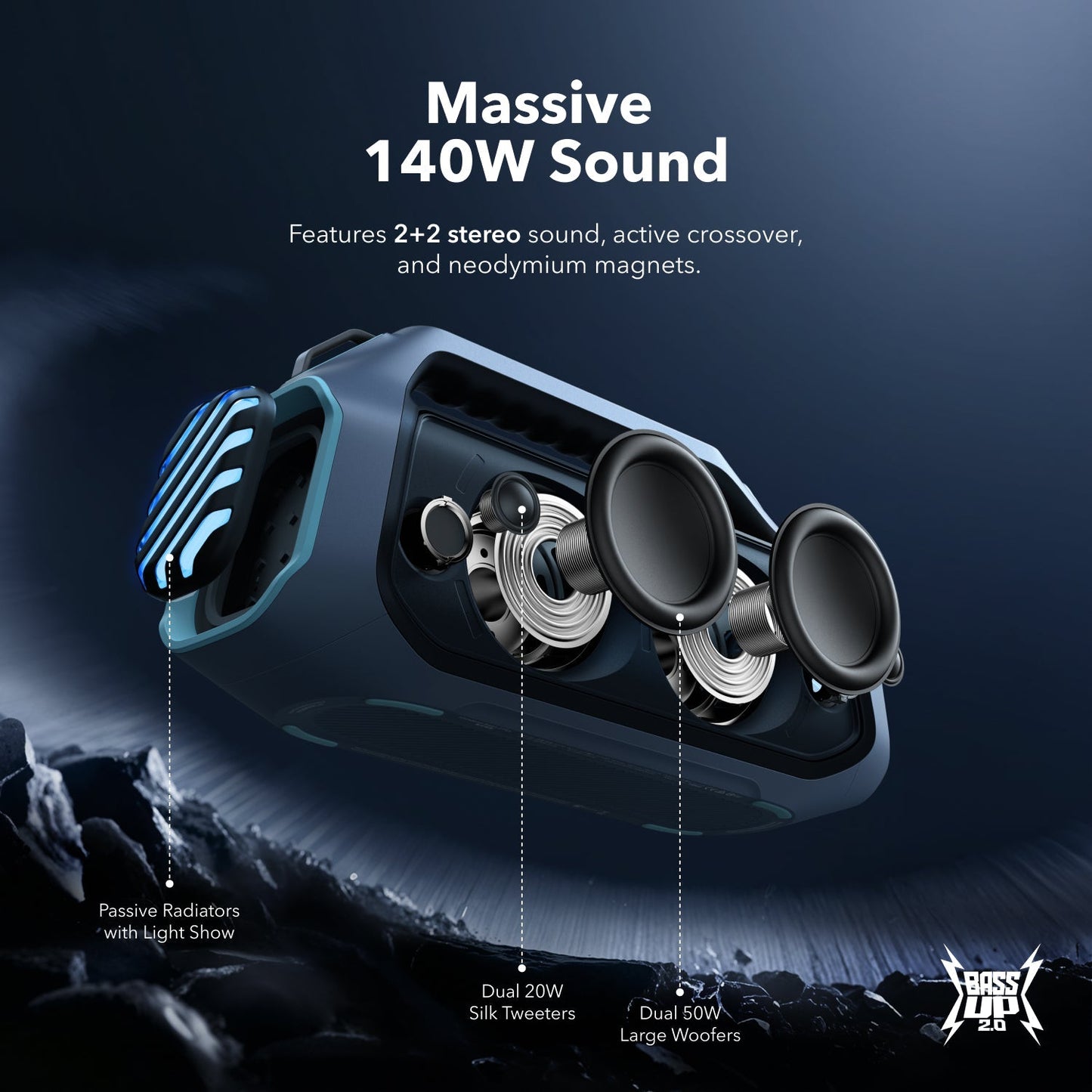 soundcore outdoor speaker with 140W sound and stereo drivers