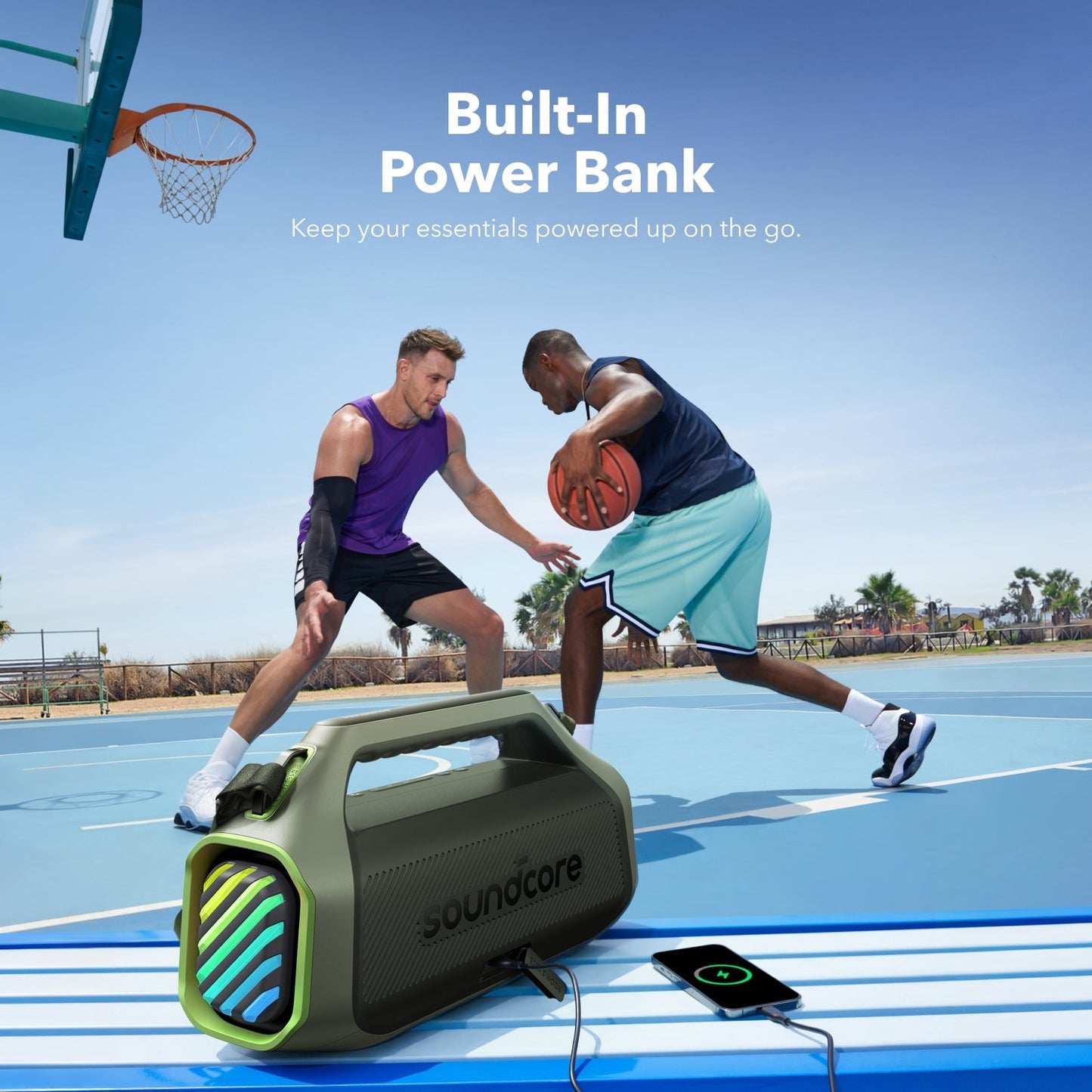 soundcore outdoor speaker with built-in power bank for basketball