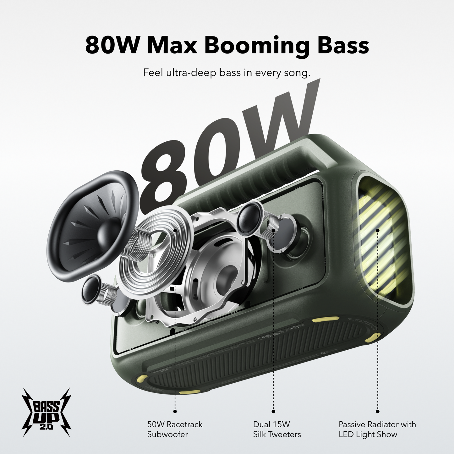 soundcore best outdoor speaker with 80W subwoofer and LED radiator