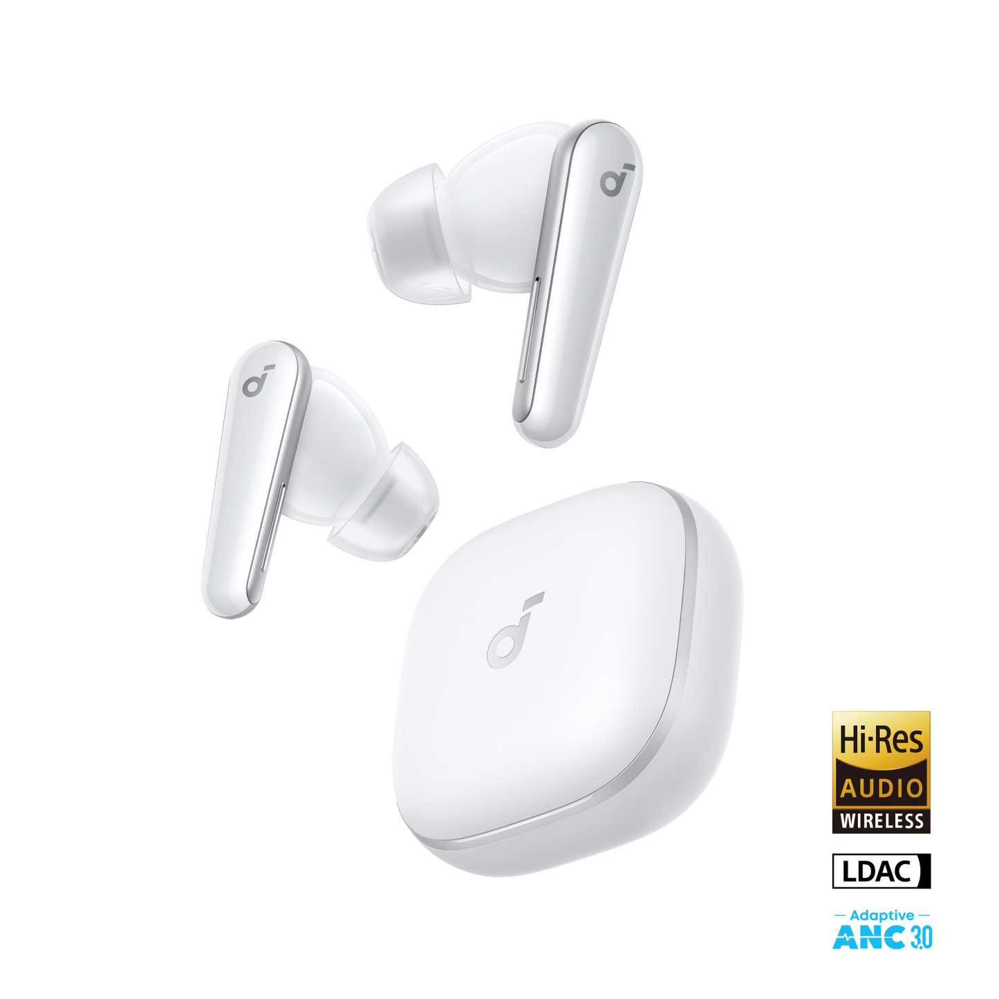 soundcore white wireless earbuds with Hi-Res audio