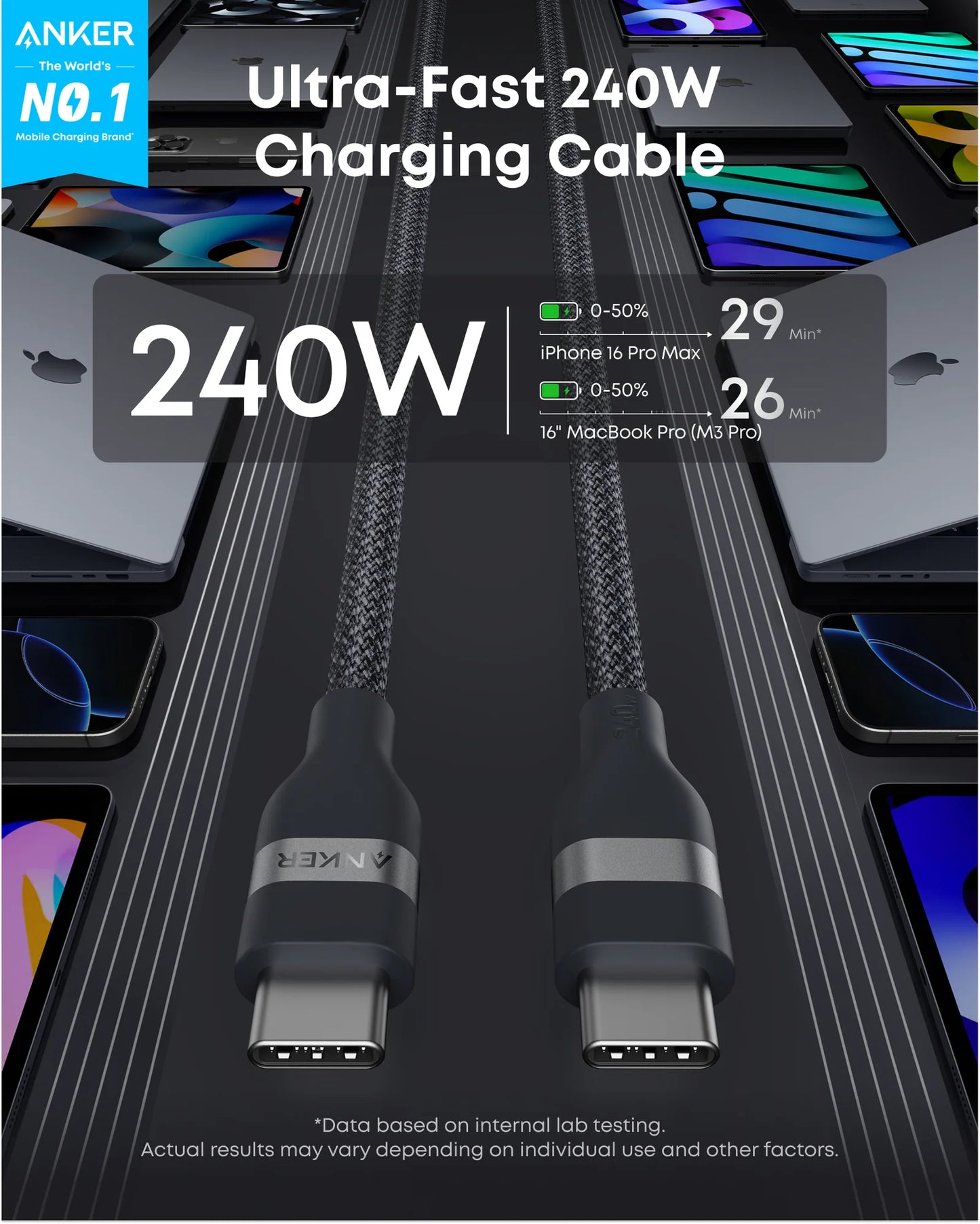 Anker USB-C to USB-C Cable (6 ft, 240W, Upcycled-Braided)
