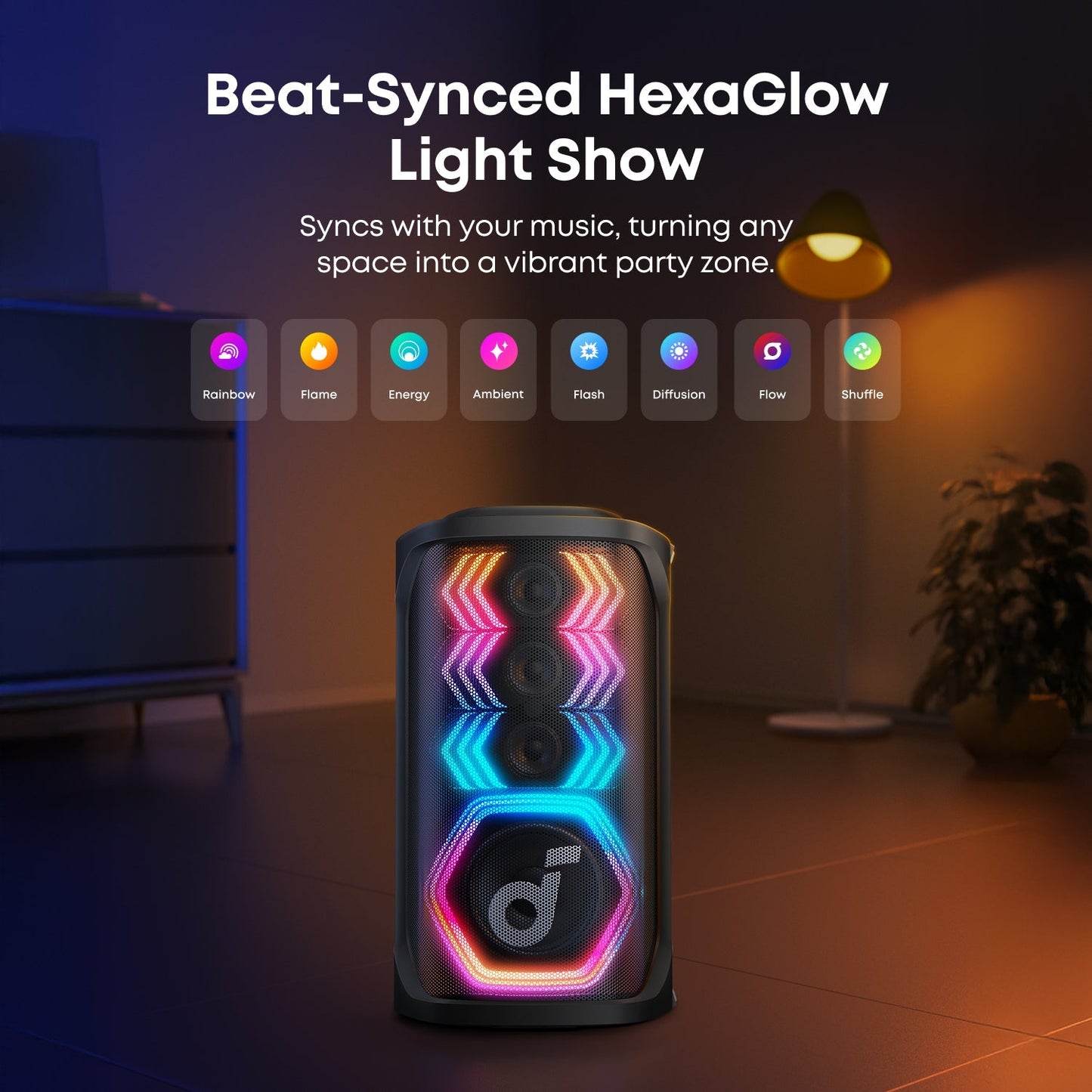 soundcore speaker with HexaGlow light show syncing with music